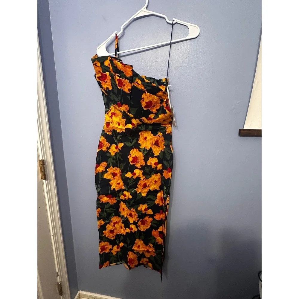 Hyacinth House Margot‎ Navy Marigold Floral Ruffle One Shoulder Maxi Dress S